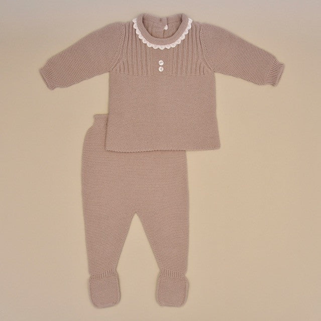 Taupe Baby Two Piece Long Sleeve Knit Sweater Set with White Lace Collar and Footy Pant