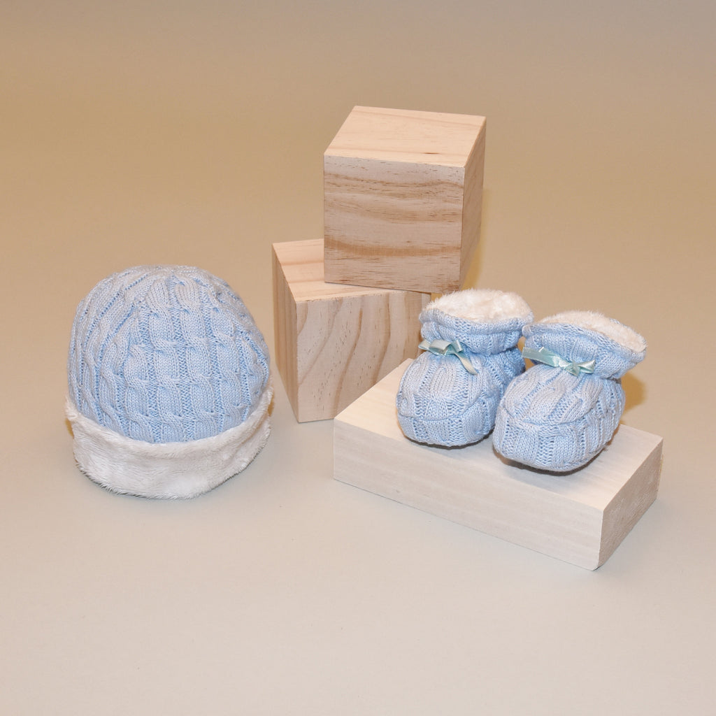 Blue Cable Knit Hat and Bootie Gift Set