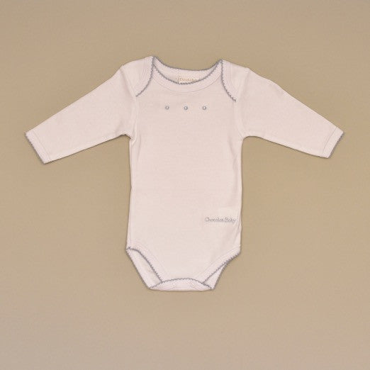 White and Blue 100% Cotton White Baby Bodysuit/Onesie with Crochet Edge and Embroidered Blue Dots