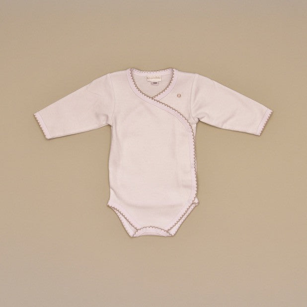 White and Beige 100% Cotton Baby Bodysuit with side snap, crochet edge and embroidered dots
