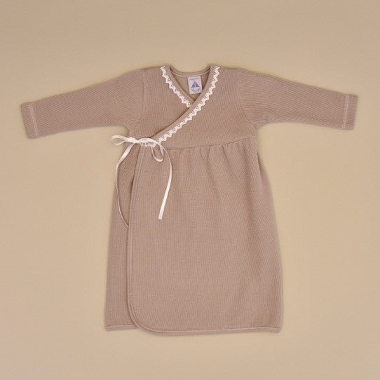 100% Cotton Taupe Cotton Baby Gown with White Crochet Edge and Side Ribbon Ties