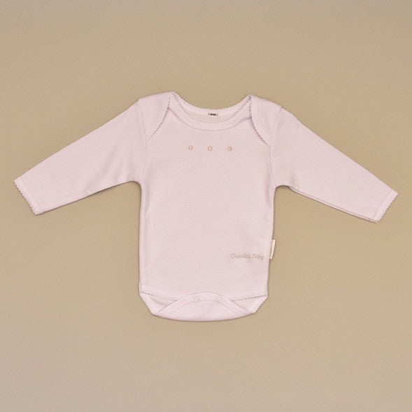 White and Beige 100% Cotton Baby Bodysuit/Onesie with Crochet Edge and Embroidered Dots