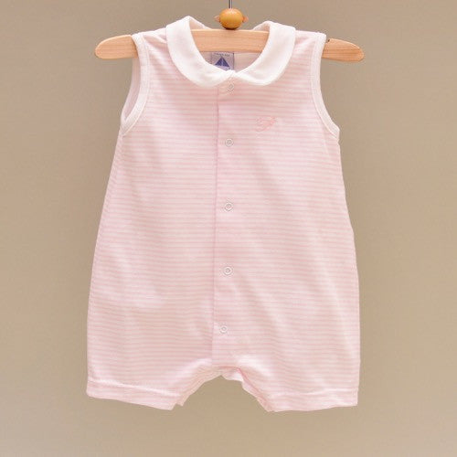 Pink and White 100% Cotton Baby Sleeveless Romper with White Collar