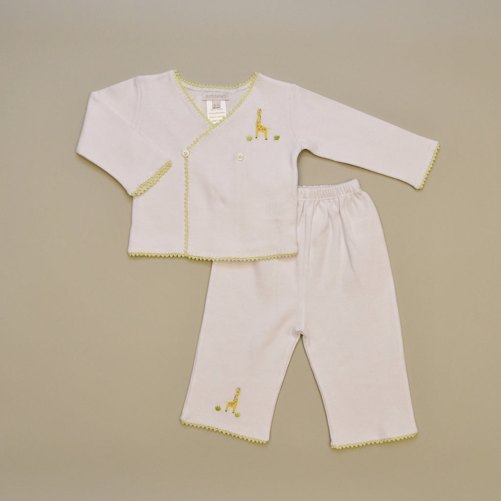 Giraffe 100% Cotton Baby Tee and Pant Set with Hand Crochet Trim and Hand Embroidered Giraffe