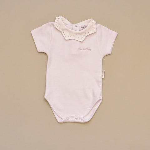 100% Cotton White Baby Bodysuit/Onesie with Embroidered Gold Dots on Pique Collar