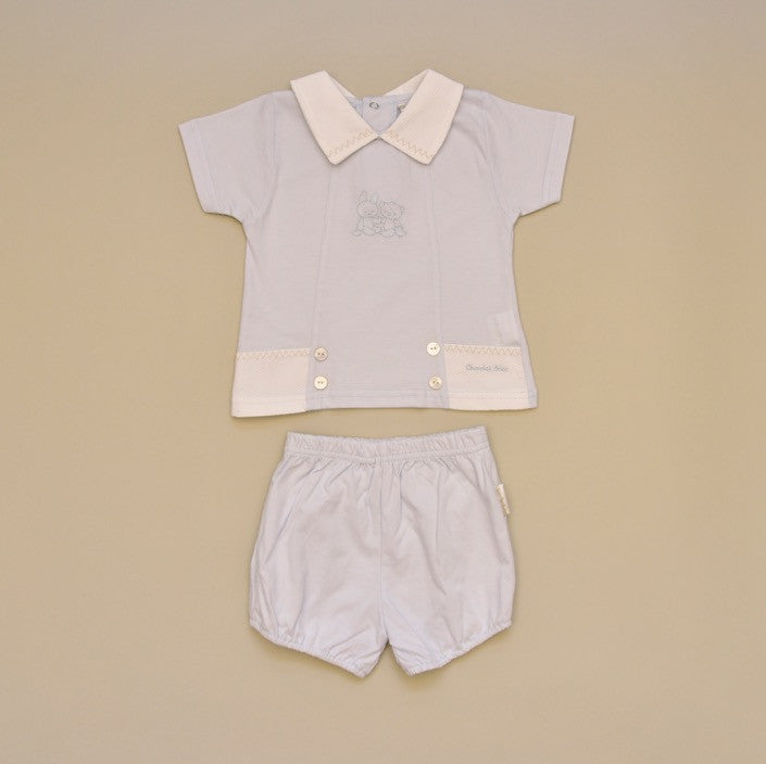 100% Cotton Blue Baby Two Piece Short Set with White Pique Collar and Embroidery