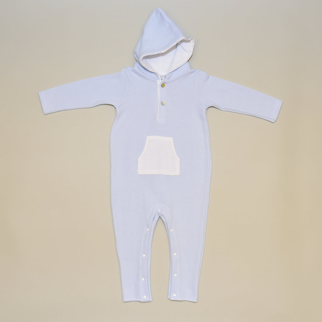 100% Cotton Infant Hooded Blue and White Playsuit