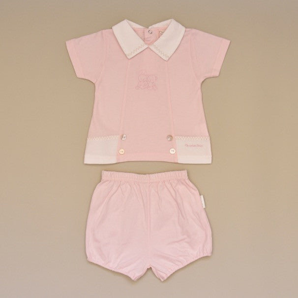 100% Cotton Pink Baby Two Piece Short Set with White Pique Collar and Embroidery on Top