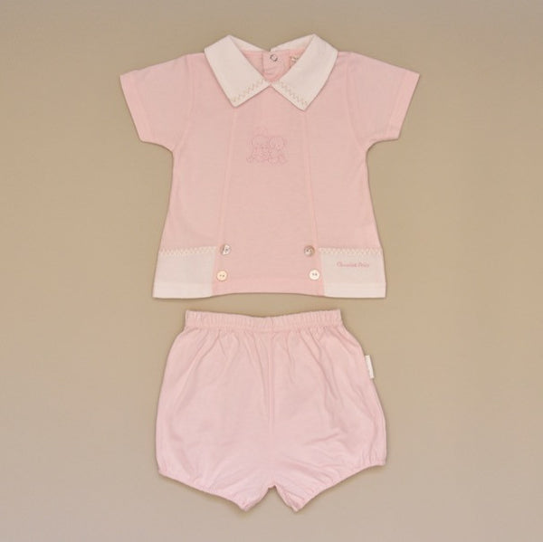 100% Cotton Pink Baby Two Piece Short Set with White Pique Collar and Embroidery on Top