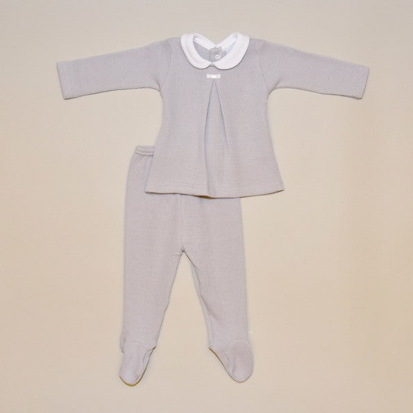 100% Cotton Baby Two Piece Gray Set with Footy Pant and White Collar