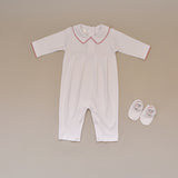 Christmas Baby White Pima Cotton Holiday Long Sleeve Romper and Bootie Set with Red Embroidered Collar
