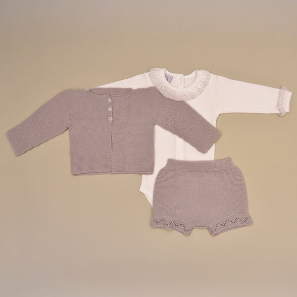 Baby Three Piece Knit Set with 100% Cotton Gray Embroidered Ruffle Collar Onesie Gray