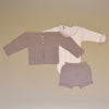 Baby Three Piece Beige Knit Set with 100% Cotton Pink Embroidered Ruffle Collar Onesie