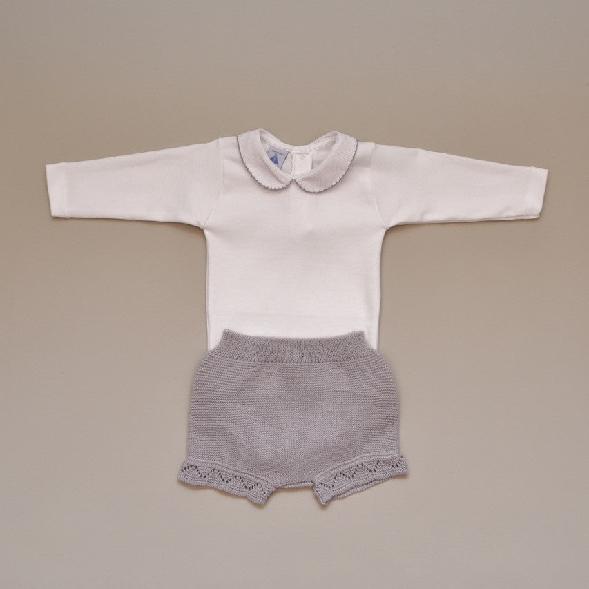 Baby Two Piece Knit Set with 100% Cotton Gray Crochet Collar Onesie Gray