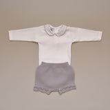 Baby Two Piece Knit Set with 100% Cotton Gray Crochet Collar Onesie Gray