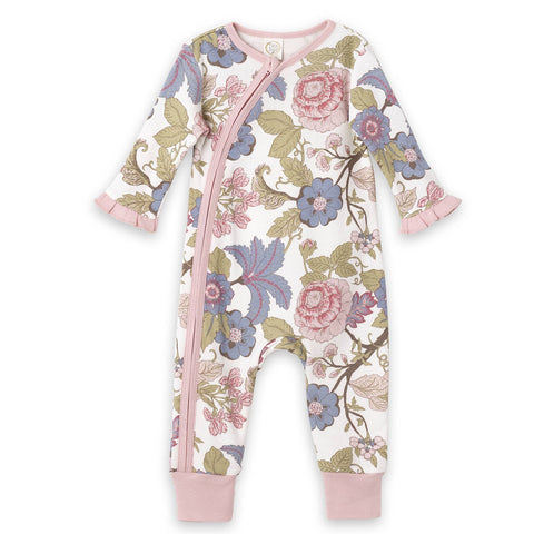 Floral Tapestry baby girl kimono romper with matching headband and booties